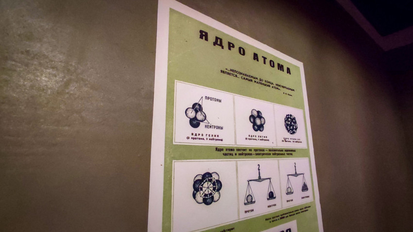 Плакат о строении атомного ядра крупным планом