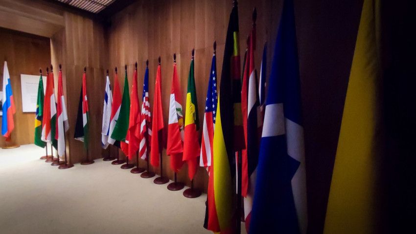 Ряд национальных флагов в экспозиционной зоне павильона «АТОМ»