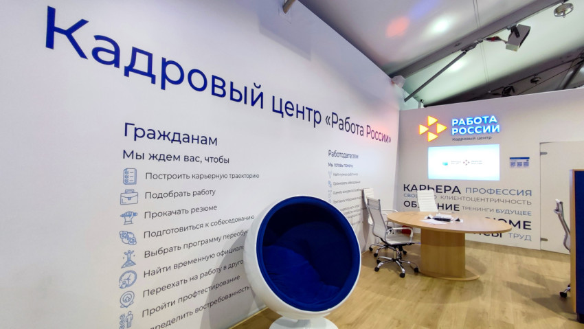 Информационная стена кадрового центра «Работа России» с перечнем услуг
