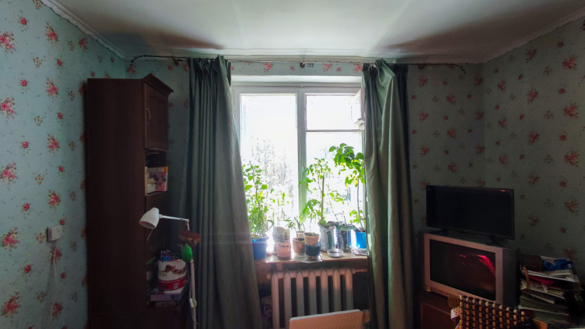 Комната квартиры с растениями на подоконнике и телевизорами у стены