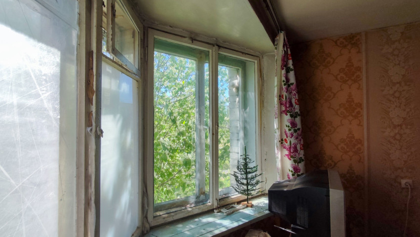 Эркерное окно с зелёными деревьями и цветочной шторой