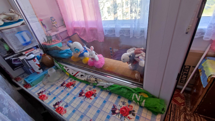 Лоджия с мягкими игрушками и бытовыми предметами
