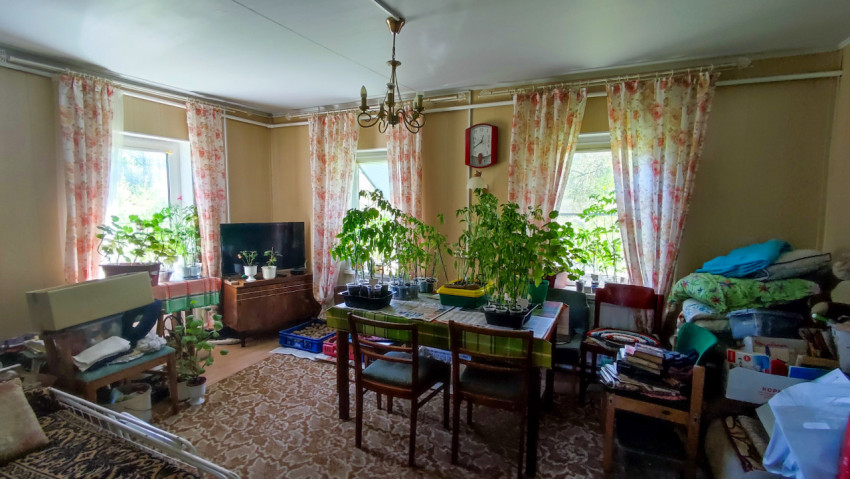 Жилая комната с растениями на столе и мебелью старого образца