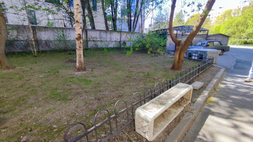 Газон с деревьями и ограждением во дворе жилого квартала