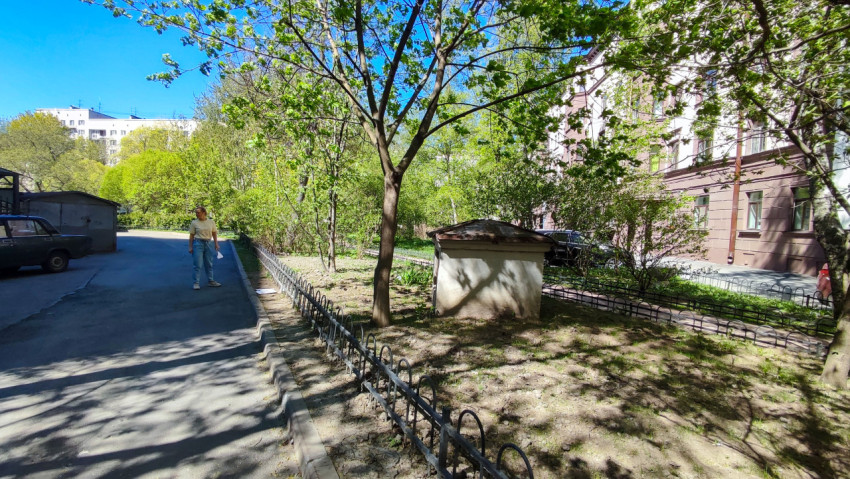 Двор с пешеходной зоной, зелёными насаждениями и находящимся рядом человеком