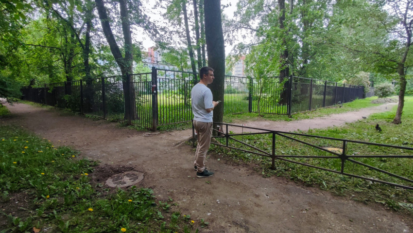 Человек на пешеходной тропе у металлического забора в зелёной зоне