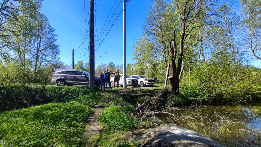 Люди у припаркованных автомобилей рядом с ЛЭП