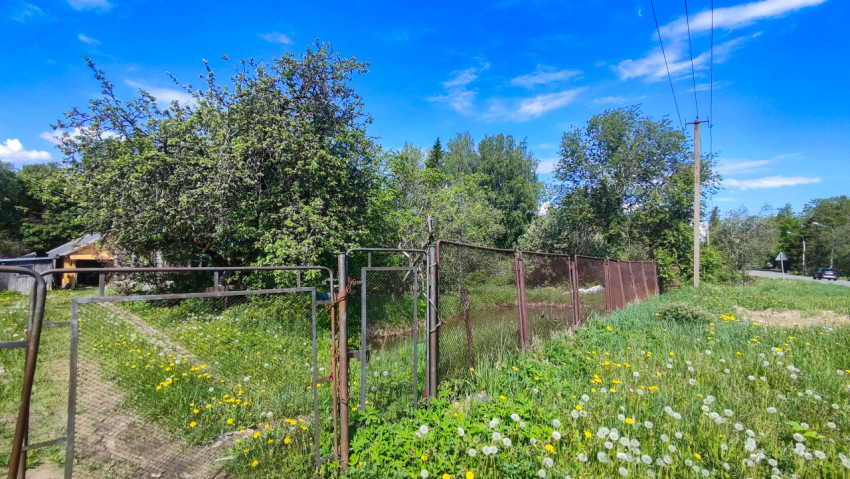 Участок с металлическим забором и деревьями у дороги