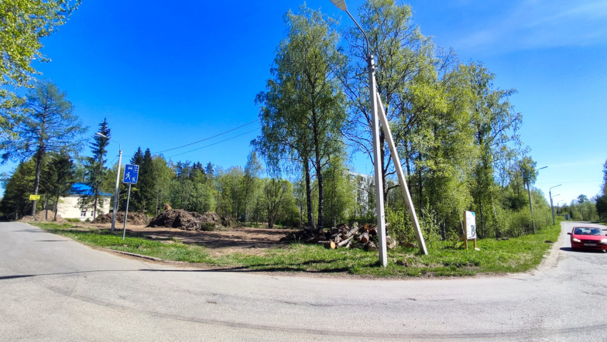 Строительная площадка у лесополосы и дороги