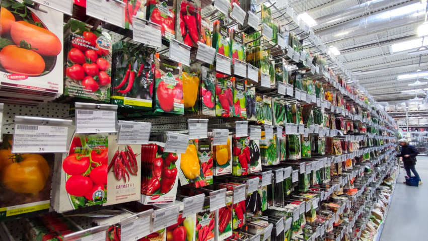 Стеллаж с пакетами семян овощей в торговом зале