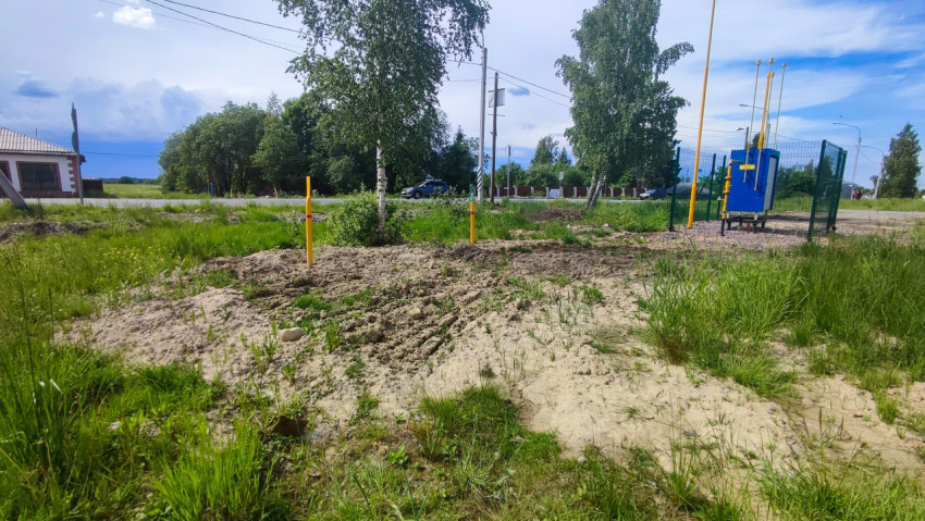 Участок работ у дороги с газовым шкафом за ограждением и берёзами