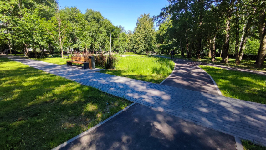 Перекрёсток парковых дорожек с лавочкой и озеленением в солнечный день