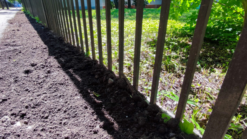 Свежая отсыпка грунта вдоль металлического ограждения у пешеходной дорожки