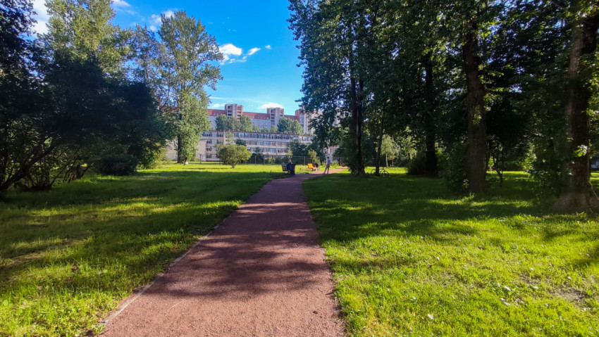 Пешеходная дорожка в городском парке с деревьями, газоном и зданием на горизонте
