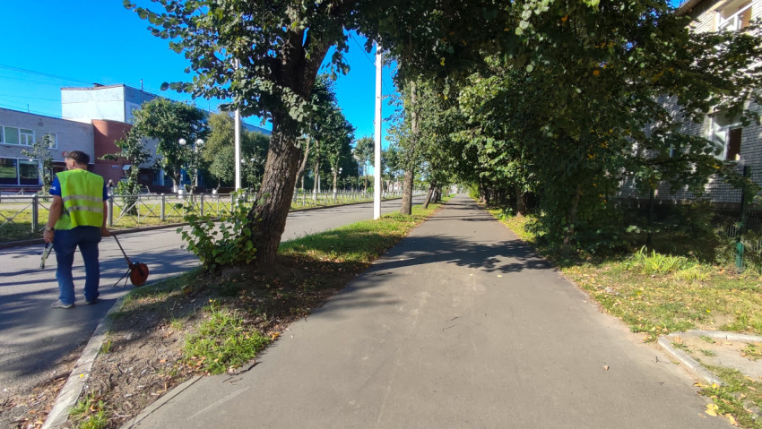 Длинная пешеходная дорожка вдоль улицы и человек с измерительным колесом в зелёной зоне