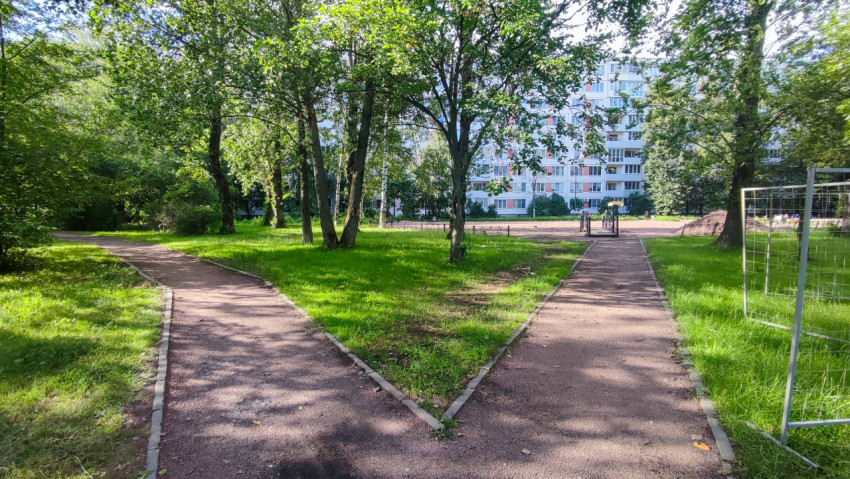 Развилка асфальтовых дорожек в зелёном дворе у многоквартирного дома