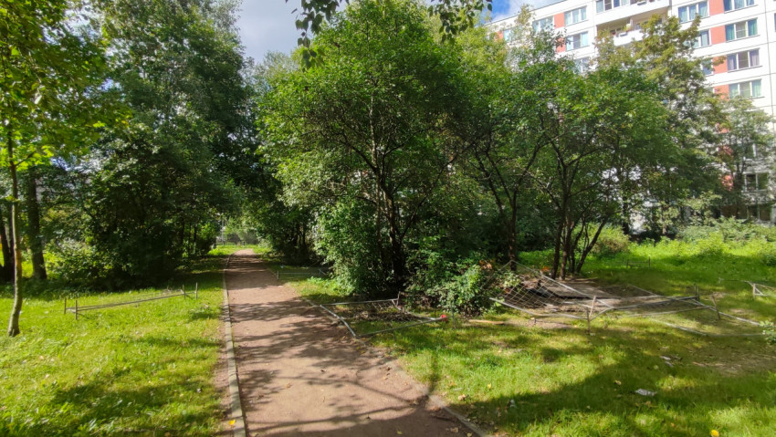 Лесная тропинка в городском парке проходит мимо упавших секций временного ограждения