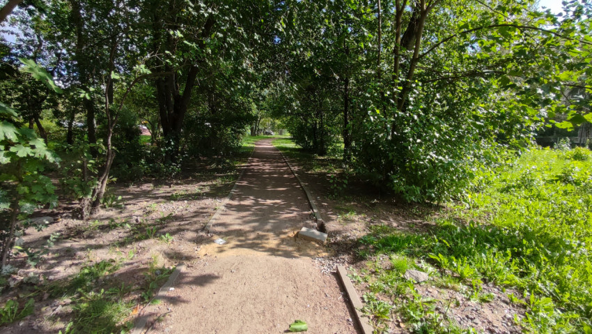 Тенистая дорожка в городском парке с бордюром и разбросанными камнями у края тропы