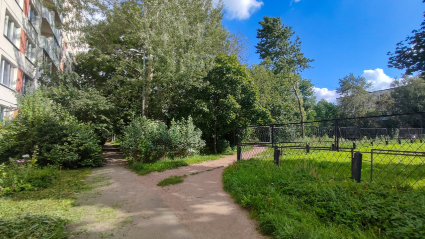 Дворовая дорожка у многоэтажки с фонарём и металлическим ограждением вокруг зелёной зоны