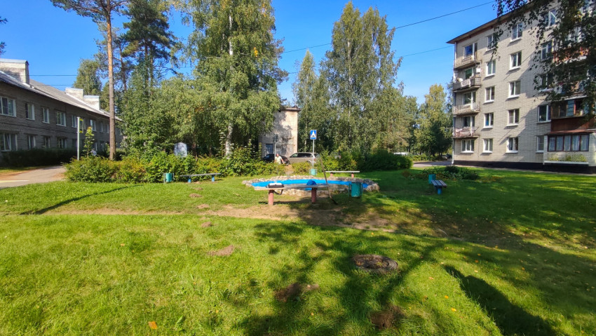 Дворовая зона отдыха с декоративным водоёмом и лавочками