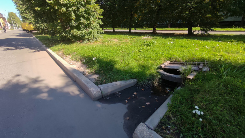 Канава ливневого стока с деревянным настилом рядом с тротуаром и зелёной зоной вдоль дороги