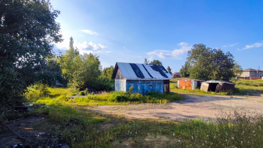 Заросший участок с хозяйственными постройками и синим сараем на окраине