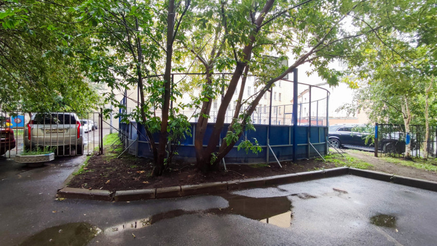 Дворовая спортивная коробка среди деревьев после дождя