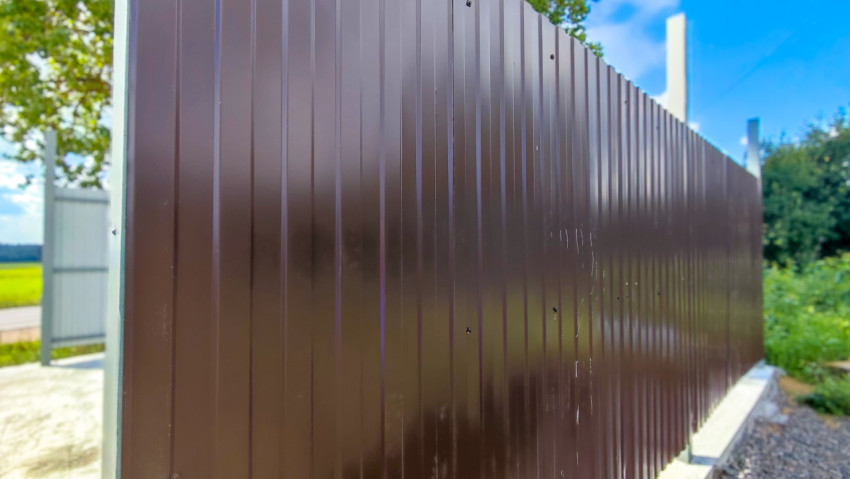 Длинный забор из коричневого профнастила вдоль грунтовой дороги