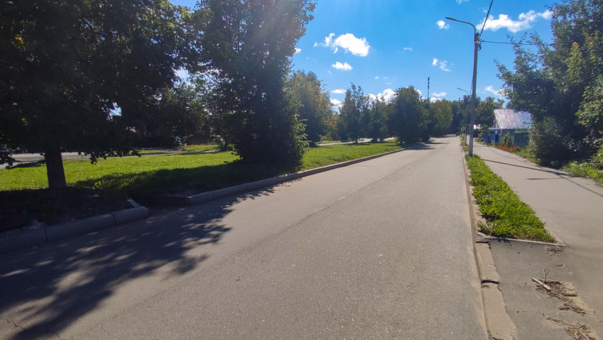 Асфальтированная улица с тротуаром, кустарниками, фонарным столбом и небольшим строением у обочины