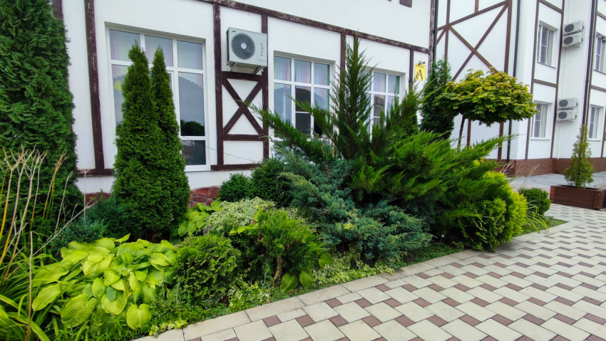 Клумба с хвойными кустарниками и хостами оформляет фасад здания с фахверковыми элементами