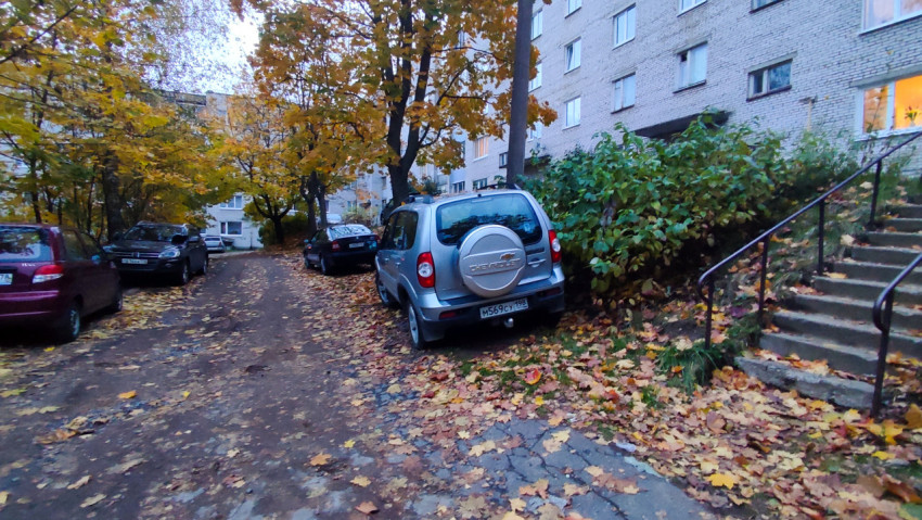 Осенний двор с лестницей и припаркованным автомобилем