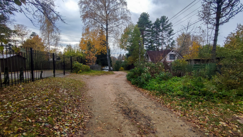 Грунтовая дорога между частными участками в осеннем пейзаже