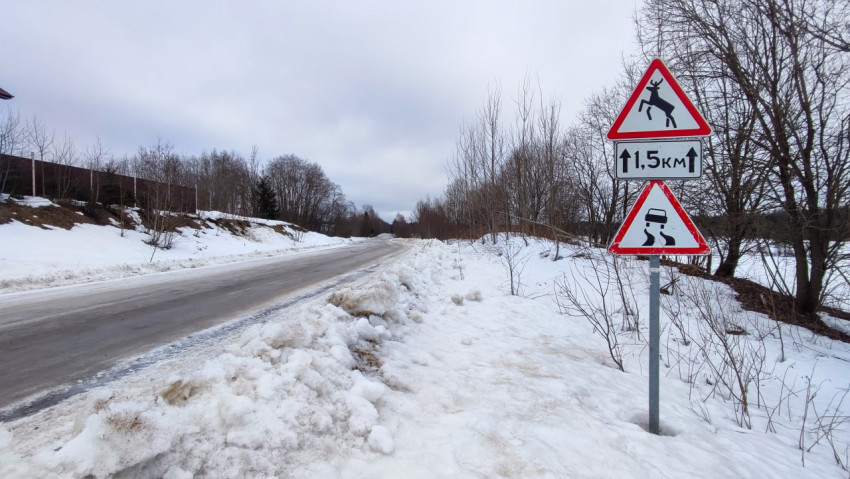 Дорожные предупреждающие знаки на зимней трассе