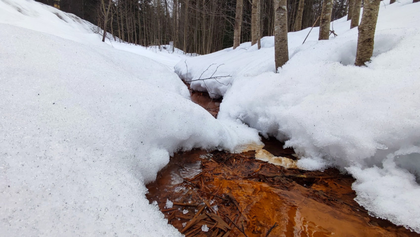 Небольшой ручей в снегу во время весеннего таяния