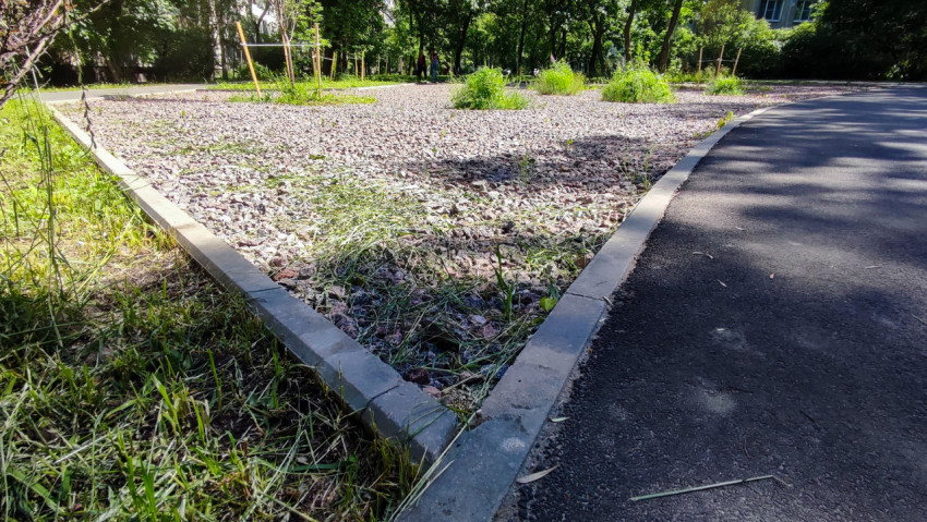 Клумба из щебня с бордюрным камнем у асфальтовой дорожки в зеленом дворе