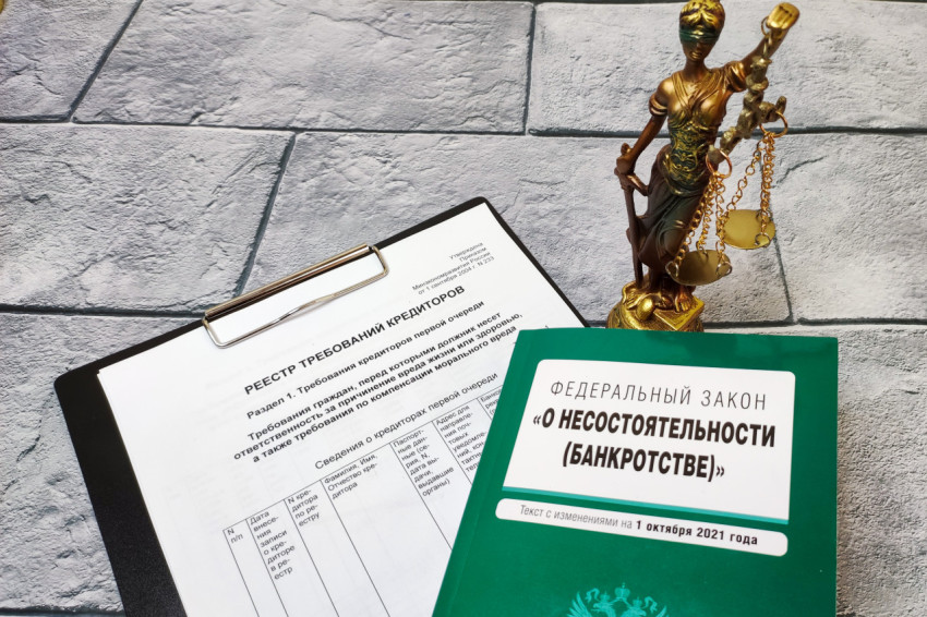 Реестр требований кредиторов и закон о банкротстве с фигуркой Фемиды