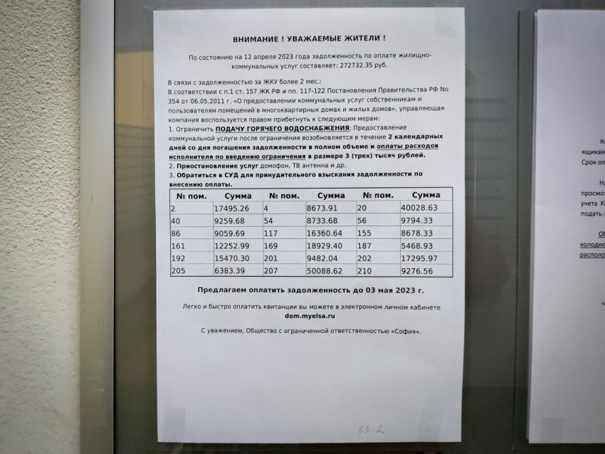 Список задолженностей по оплате коммунальных услуг с указанием сумм