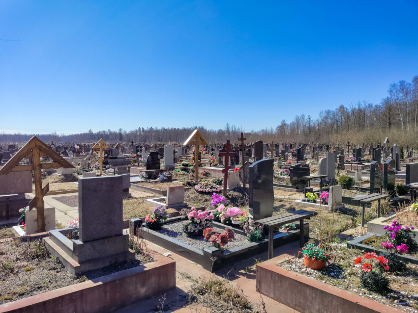 Кладбище с ухоженными могилами и деревянными крестами