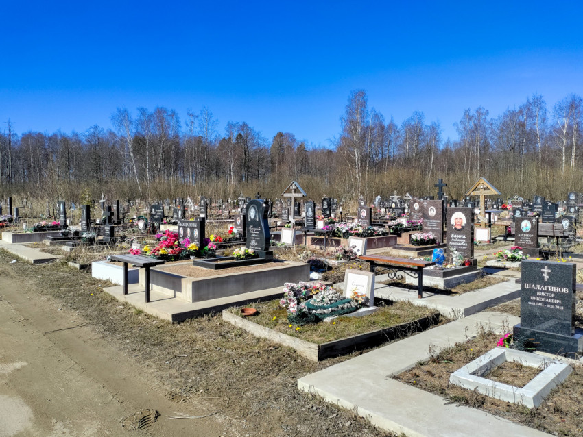 Общий вид ухоженного кладбища весной с надгробиями и цветами