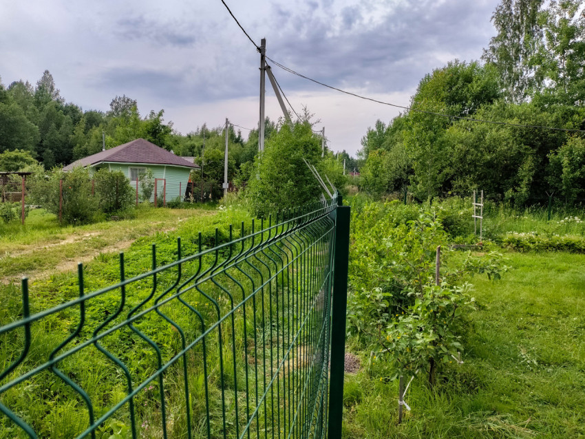 Забор с сетчатым ограждением вдоль участка с зелеными насаждениями