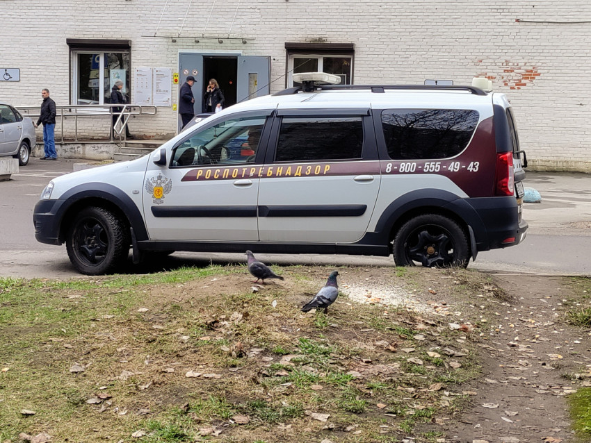 Служебная машина Роспотребнадзора перед административным зданием и голубями на газоне