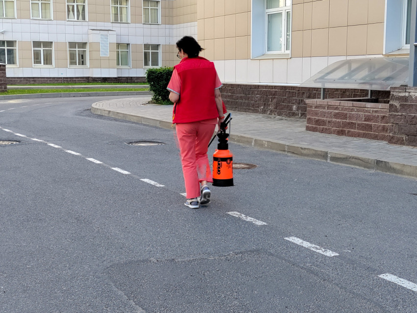 Сотрудница с распылителем на территории больницы Боткина