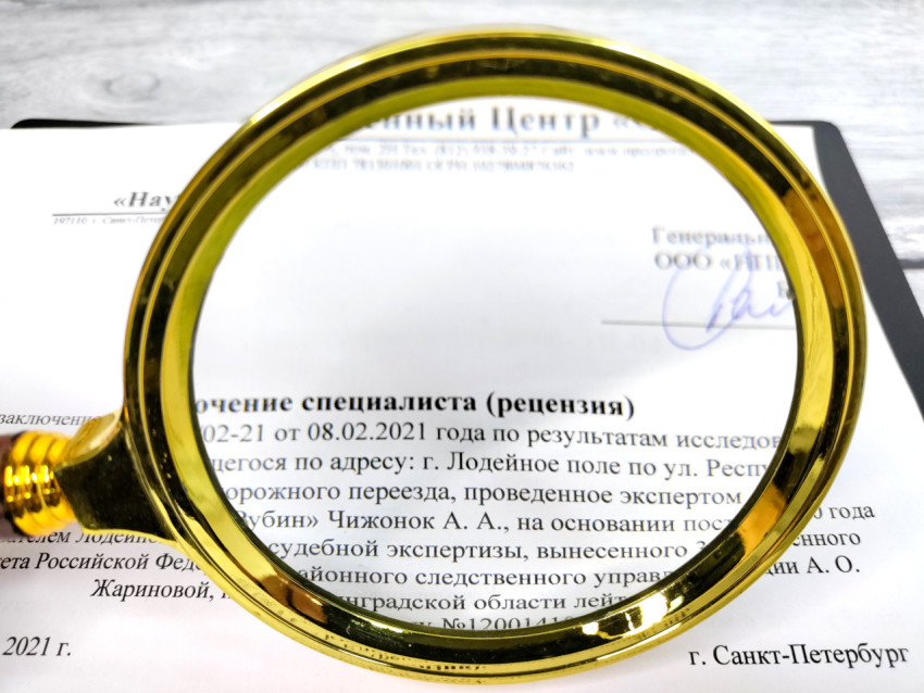 Лупа над фрагментом заключения специалиста с реквизитами