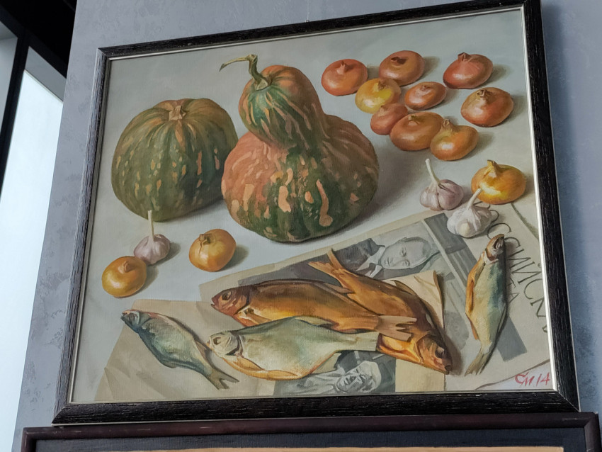 Натюрморт с тыквами, рыбой и овощами