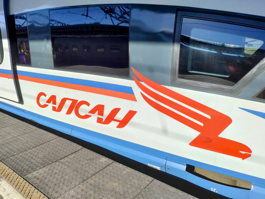 Логотип и боковая часть вагона поезда «Сапсан» на платформе