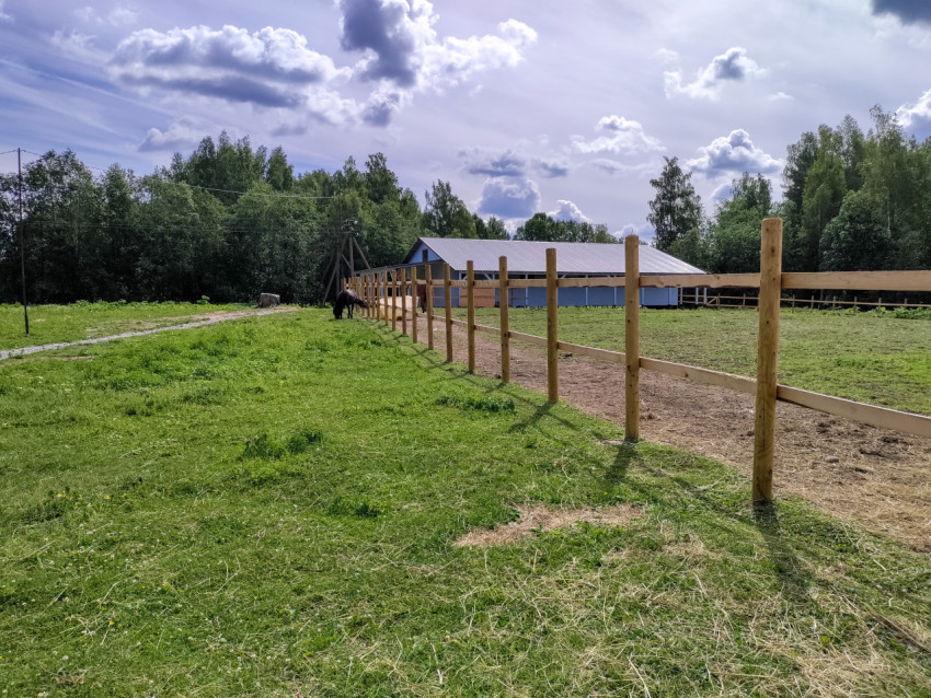 Длинный деревянный забор и конюшня на фоне леса и летних облаков