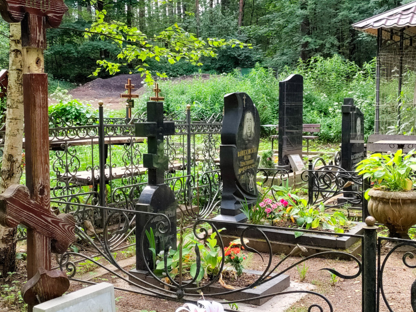 Деревянный крест и семейные захоронения за кованым забором на кладбище