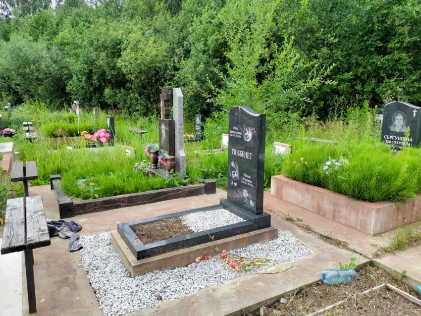 Общий вид могилы с памятником «Гюббенет» на фоне заросшего кладбищенского участка и лавок