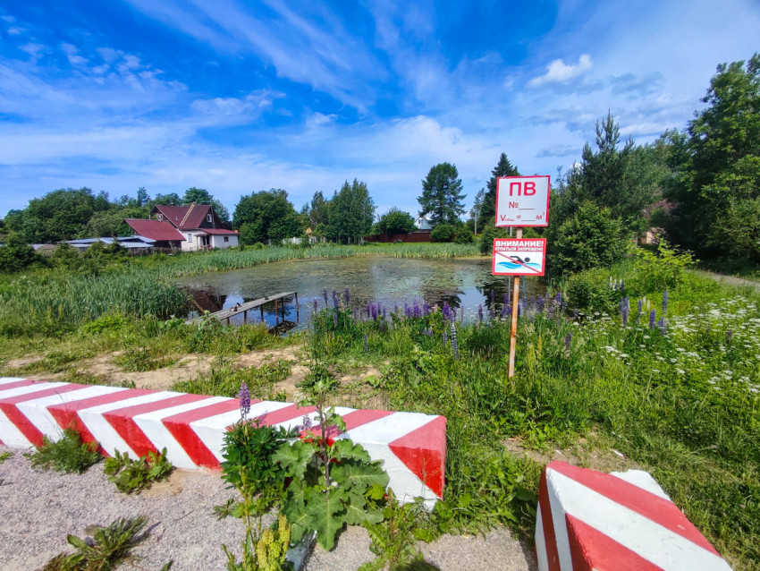 Берег пожарного пруда с табличкой «ПВ», знаком «Купаться запрещено» и деревянным настилом
