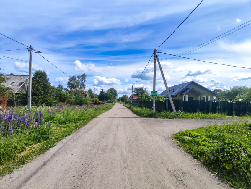 Грунтовая дорога у частных домов и вывеска «Рассада» на столбе